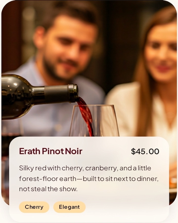 Diner scanning a restaurant wine list with Cella and receiving a recommended wine with a ready-to-say one-liner