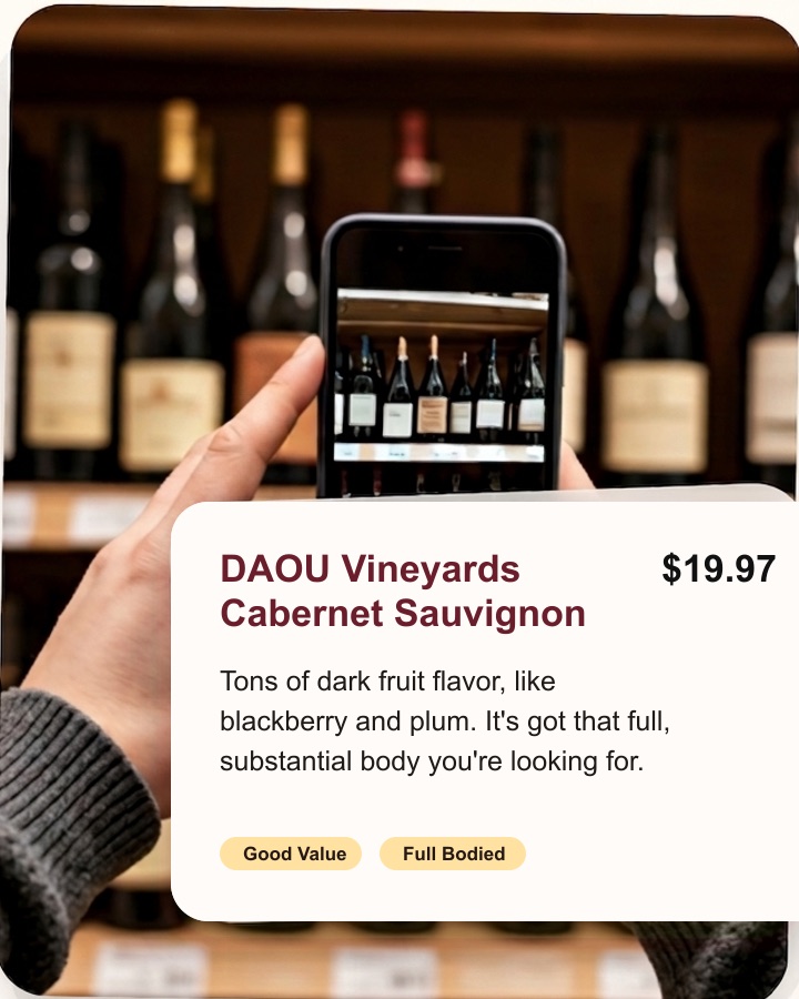 Shopper scanning a crowded grocery store wine shelf with the Cella app and receiving one recommended bottle