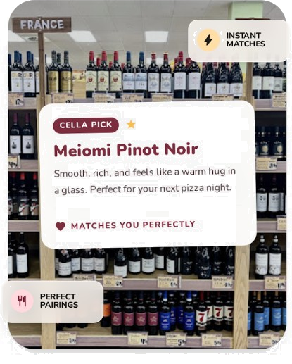 Cella app showing a personalized wine pick from a scanned shelf